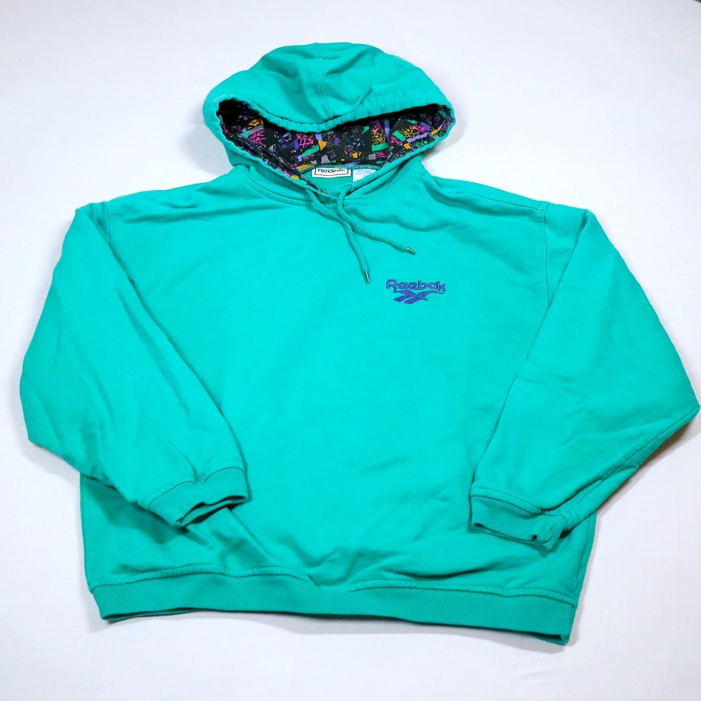 Reebok Hoodie Women Size M Teal Vintage 90s Geometric Hood Lined Pullover Sweat